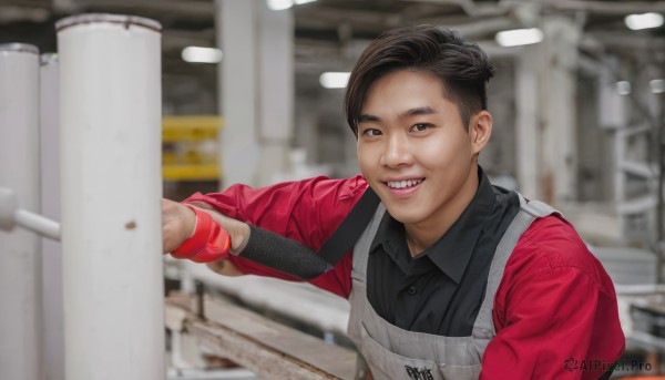 solo,looking at viewer,smile,short hair,open mouth,brown hair,shirt,black hair,long sleeves,1boy,brown eyes,upper body,male focus,teeth,collared shirt,indoors,grin,blurry,black eyes,apron,black shirt,blurry background,realistic,employee uniform,real life insert,vest,depth of field,wristband,polo shirt