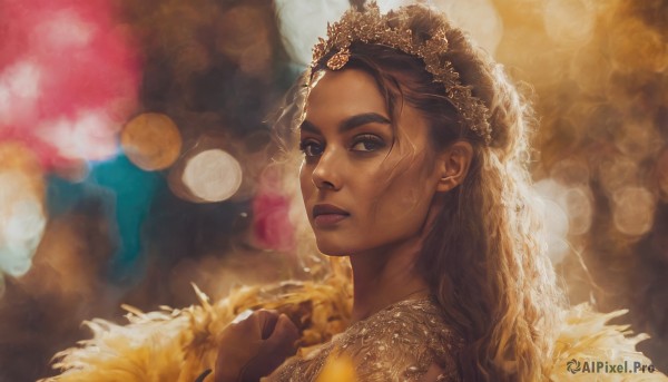 1girl,solo,long hair,looking at viewer,blue eyes,brown hair,dress,closed mouth,dark skin,blurry,from side,dark-skinned female,lips,looking to the side,depth of field,blurry background,tiara,portrait,veil,realistic,nose,bokeh,brown eyes,fur trim,thick eyebrows,crown,backlighting,freckles