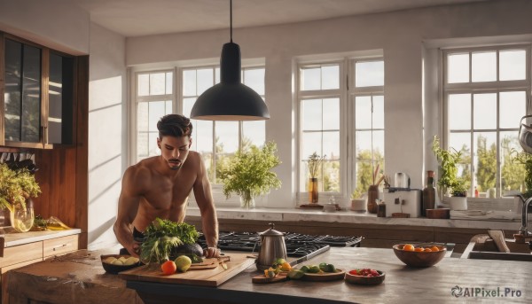 solo,short hair,open mouth,black hair,1boy,closed eyes,male focus,food,day,indoors,tree,window,muscular,fruit,facial hair,table,bottle,knife,pectorals,plant,muscular male,plate,bowl,topless male,realistic,potted plant,cooking,kitchen,jar,tomato,vegetable,frying pan,sink,lettuce,cutting board,onion,brown hair,dark skin,parody,dark-skinned male,beard,carrot,faucet,potato,kitchen knife,radish