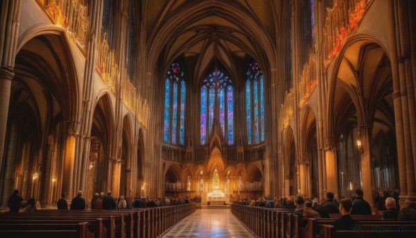 indoors,water,no humans,window,sunlight,scenery,6+boys,light rays,stairs,railing,light,candle,architecture,pillar,statue,crowd,stained glass,church,arch,chandelier,column,multiple girls,blonde hair,multiple boys,cross,fire,instrument,ceiling,piano,candlestand,reflective floor,very wide shot