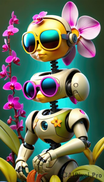 solo,simple background,flower,signature,gradient,gradient background,no humans,leaf,sunglasses,plant,robot,goggles,mecha,pink flower,science fiction,green background,joints,tinted eyewear,robot joints,humanoid robot,non-humanoid robot,hair ornament,hair flower,bird