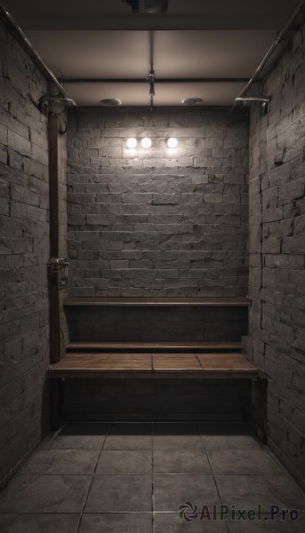 indoors,no humans,scenery,stairs,door,tiles,light,wall,tile floor,brick wall,stone floor,stone wall,window,lamp,light bulb,ceiling light,industrial pipe,brick,brick floor