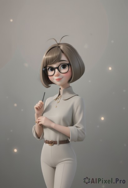 1girl,solo,breasts,looking at viewer,blush,smile,short hair,bangs,simple background,brown hair,shirt,long sleeves,holding,jewelry,closed mouth,standing,white shirt,cowboy shot,small breasts,glasses,collared shirt,belt,pants,grey background,necklace,black eyes,lips,gradient,gradient background,swept bangs,bob cut,antenna hair,light particles,buckle,black-framed eyewear,belt buckle,pink lips,white pants,round eyewear,brown belt,brown-framed eyewear,brown eyes,shiny,artist name,bracelet,eyelashes,makeup,lipstick,sleeves rolled up,freckles,nose,red lips