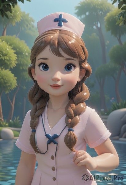 1girl,solo,long hair,breasts,looking at viewer,blush,smile,bangs,blue eyes,brown hair,hat,dress,collarbone,upper body,braid,short sleeves,small breasts,outdoors,parted lips,day,artist name,water,white dress,twin braids,tree,lips,eyelashes,buttons,swept bangs,sunlight,nature,hair over shoulder,forest,freckles,rock,nose,nurse cap,nurse,river,stethoscope,pond,open mouth,twintails,watermark