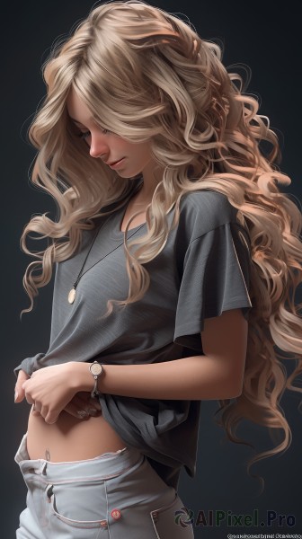 1girl,solo,long hair,blonde hair,simple background,shirt,navel,jewelry,underwear,panties,short sleeves,cowboy shot,parted lips,midriff,pants,artist name,necklace,clothes lift,hair over one eye,bracelet,from side,lips,watermark,wavy hair,shirt lift,looking down,denim,black background,t-shirt,web address,grey shirt,pendant,curly hair,watch,jeans,realistic,wristwatch,closed eyes,profile,nose,midriff peek,panty peek