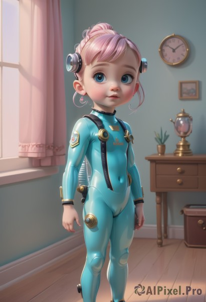 1girl,solo,looking at viewer,short hair,blue eyes,hair ornament,navel,closed mouth,standing,full body,pink hair,indoors,hair bun,flat chest,lips,loli,window,bodysuit,covered navel,cameltoe,curtains,skin tight,clock,blue bodysuit,blush,smile,desk,realistic,latex