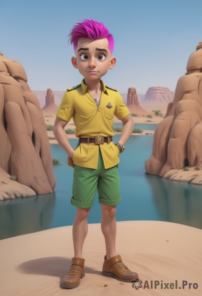 solo,looking at viewer,short hair,shirt,1boy,brown eyes,jewelry,closed mouth,standing,full body,pink hair,short sleeves,male focus,multicolored hair,boots,outdoors,sky,shoes,shorts,day,collared shirt,belt,dark skin,water,bracelet,two-tone hair,brown footwear,child,pocket,hands on hips,watch,yellow shirt,belt buckle,hands in pockets,wristwatch,male child,very short hair,undercut,green shorts,tomboy,1girl,aged down,rock,sand,mohawk