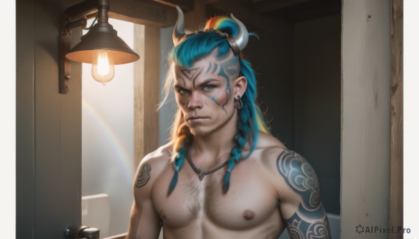 solo,long hair,looking at viewer,blue eyes,1boy,jewelry,closed mouth,nipples,blue hair,upper body,braid,male focus,multicolored hair,earrings,horns,indoors,necklace,hair bun,twin braids,tattoo,muscular,facial hair,piercing,pectorals,muscular male,bara,beard,freckles,topless male,mature male,realistic,door,stubble,lamp,arm tattoo,shoulder tattoo,chest hair,chest tattoo,open door,doorway,dreadlocks,nose piercing,smile,animal ears,nude,artist name,aqua hair,abs,large pectorals,goatee,light,facial tattoo