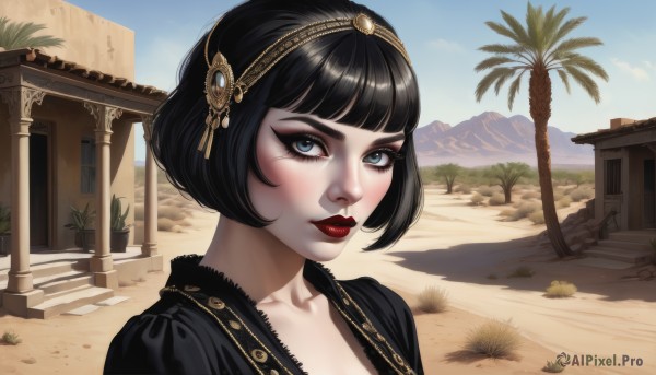 1girl,solo,looking at viewer,smile,short hair,bangs,blue eyes,black hair,hair ornament,closed mouth,collarbone,upper body,hairband,outdoors,sky,day,blunt bangs,tree,blue sky,lips,eyelashes,makeup,beach,bob cut,lipstick,portrait,nose,sand,palm tree,red lips,eyeliner,mascara,desert,artist name,plant,gold