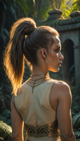 1girl,solo,long hair,brown hair,black hair,dress,bare shoulders,jewelry,upper body,ponytail,outdoors,parted lips,sleeveless,looking back,necklace,from behind,white dress,blurry,tree,lips,wet,see-through,profile,blurry background,back,looking away,high ponytail,plant,nature,freckles,realistic,nose,artist name,sunlight,backlighting,shoulder blades,tribal