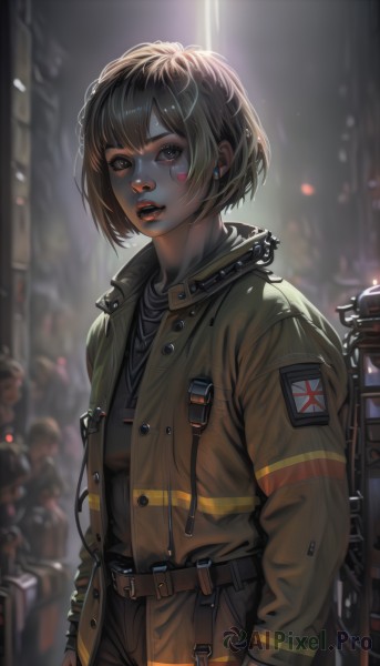 1girl,solo,looking at viewer,short hair,open mouth,bangs,brown hair,shirt,long sleeves,brown eyes,jewelry,standing,jacket,cowboy shot,earrings,outdoors,parted lips,open clothes,teeth,solo focus,belt,pants,blurry,open jacket,lips,black shirt,depth of field,blurry background,bob cut,backpack,bandaid,brown jacket,striped shirt,realistic,nose,bandaid on face,stud earrings,leather,american flag,patch,japanese flag,black hair,striped,makeup,facial mark,buckle,backlighting,emblem,red lips,facepaint,brown pants,badge,soldier