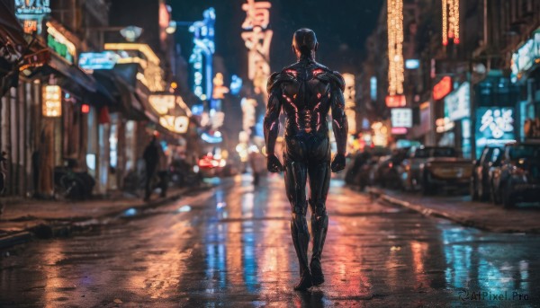 solo, 1boy, standing, male focus, outdoors, from behind, blurry, bodysuit, night, building, reflection, walking, science fiction, city, realistic, black bodysuit, road, street, cyberpunk, neon lights