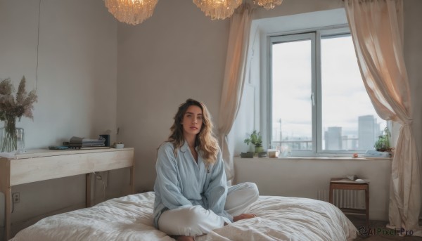 1girl,solo,long hair,looking at viewer,blonde hair,brown hair,shirt,black hair,long sleeves,brown eyes,sitting,multicolored hair,barefoot,day,pants,indoors,dark skin,dark-skinned female,cup,lips,pillow,book,window,bed,bed sheet,on bed,blue shirt,plant,curtains,building,scenery,pajamas,realistic,white pants,potted plant,indian style,bedroom,blue eyes,jewelry,white shirt,parted lips,tree,wavy hair,table,between legs,hand between legs,nose,lamp,drawer,cabinet,oversized shirt