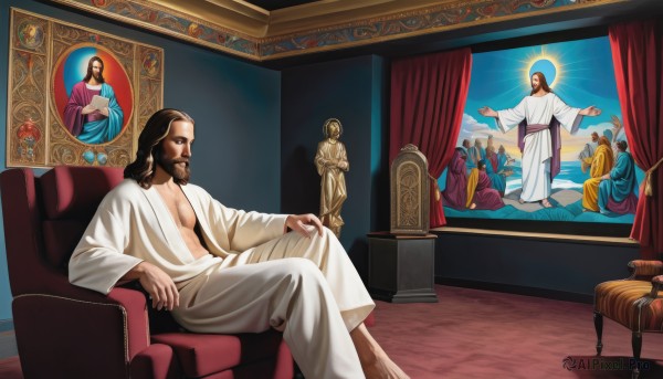 solo,long hair,looking at viewer,smile,brown hair,black hair,1boy,sitting,male focus,multiple boys,sky,barefoot,indoors,facial hair,chair,parody,curtains,beard,robe,mustache,sun,throne,statue,white robe,fine art parody,day,cloud,6+boys