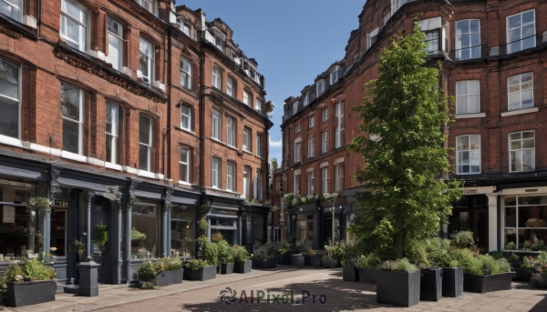 outdoors,sky,day,tree,blue sky,no humans,window,shadow,plant,building,scenery,stairs,door,potted plant,road,bush,house,street,balcony,cloud,flower pot