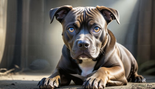 HQ,solo,looking at viewer,closed mouth,yellow eyes,lying,indoors,blurry,no humans,blurry background,animal,sunlight,cat,curtains,claws,realistic,animal focus,whiskers,blue eyes,full body,watermark,on stomach,dog