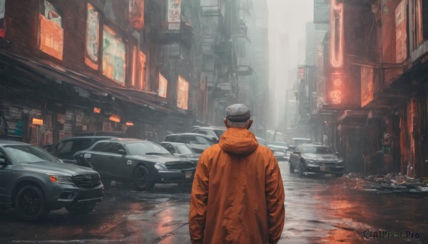 A male surrounded by a serene rainy outdoors