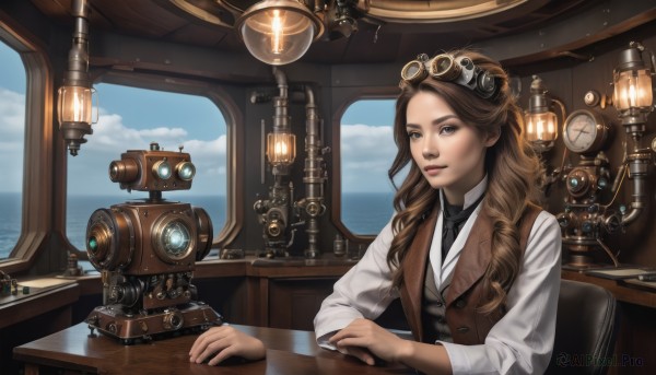 1girl,solo,long hair,looking at viewer,brown hair,shirt,long sleeves,brown eyes,sitting,white shirt,upper body,necktie,sky,day,collared shirt,cloud,indoors,water,vest,blue sky,lips,window,ocean,chair,goggles,scenery,black necktie,desk,reflection,science fiction,curly hair,goggles on head,realistic,nose,camera,horizon,clock,lamp,waistcoat,brown vest,steampunk,parted lips,watermark,phone,table,web address