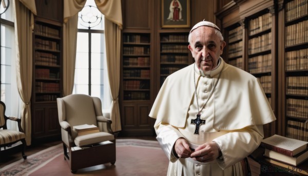 solo,looking at viewer,long sleeves,1boy,jewelry,closed mouth,standing,white hair,male focus,indoors,necklace,book,window,capelet,facial hair,chair,table,own hands together,cross,curtains,couch,robe,realistic,bookshelf,nun,bald,cross necklace,old,old man,book stack,library,armchair,latin cross,church,priest,wrinkled skin,smile,holding,ring,beard