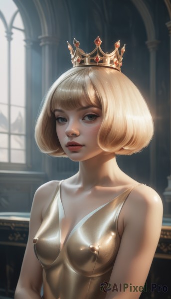 1girl,solo,breasts,looking at viewer,short hair,bangs,blonde hair,dress,bare shoulders,brown eyes,collarbone,upper body,small breasts,parted lips,sleeveless,shiny,artist name,indoors,blurry,covered nipples,lips,see-through,shiny skin,window,makeup,blurry background,bob cut,crown,freckles,shiny clothes,nose,blue eyes,medium breasts,closed mouth,nipples,nude,black eyes,piercing,realistic,nipple piercing,bodypaint,dark nipples