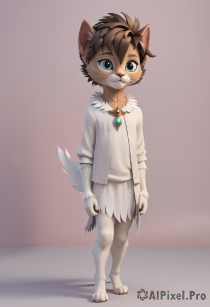 solo,looking at viewer,blue eyes,simple background,brown hair,shirt,1boy,animal ears,jewelry,closed mouth,green eyes,standing,jacket,tail,full body,white shirt,male focus,open clothes,barefoot,cat ears,necklace,:3,feathers,brooch,gem,child,claws,furry,animal hands,arms at sides,furry male,male child,body fur,white fur,straight-on,animal nose,whiskers,snout,brown fur,smile,short hair,bangs,long sleeves,white background,teeth,artist name,open jacket,gradient,fox ears,gradient background,fox tail,watermark,happy,white jacket,red background,brown background,two-tone fur,blue gemstone,fox boy