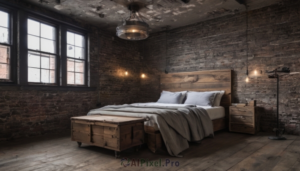 day,indoors,pillow,no humans,window,bed,bed sheet,on bed,chair,table,sunlight,scenery,wooden floor,door,blanket,lamp,wall,bedroom,brick wall,fireplace,box,snow,desk,ceiling,drawer,ceiling light,rug,cabinet,chandelier