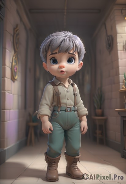 solo,looking at viewer,short hair,blue eyes,shirt,long sleeves,1boy,standing,full body,grey hair,male focus,multicolored hair,boots,collared shirt,belt,pants,artist name,indoors,blurry,blurry background,chair,brown footwear,suspenders,child,male child,open mouth,lips,shadow,aged down