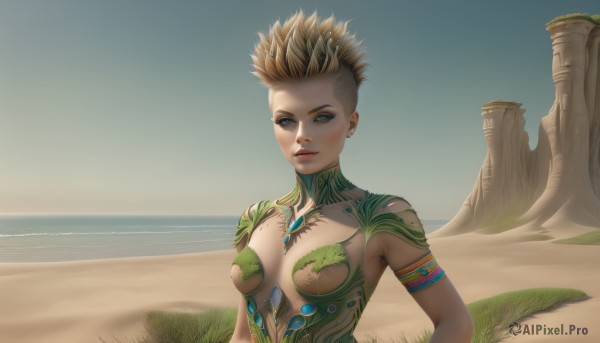 1girl,solo,breasts,looking at viewer,short hair,blue eyes,blonde hair,medium breasts,upper body,outdoors,parted lips,sky,day,mole,lips,ocean,beach,monster girl,breasts apart,armlet,realistic,sand,desert,blush,smile,jewelry,small breasts,water,piercing,grass,spiked hair,horizon,gorget