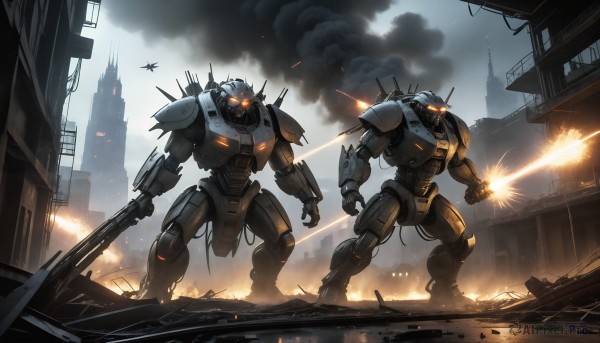 HQ,holding,weapon,sword,holding weapon,gun,military,no humans,glowing,fire,robot,building,clenched hand,mecha,glowing eyes,spikes,smoke,science fiction,city,realistic,aircraft,military vehicle,airplane,battle,explosion,ruins,damaged,firing,jet,destruction,helicopter,sky,cloud,antennae,dirty,contrail,debris,radio antenna,missile