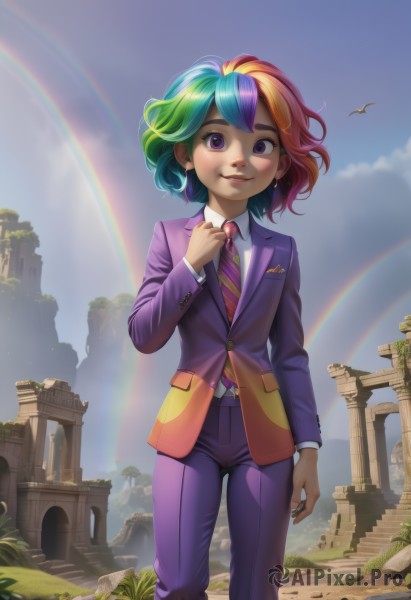 1girl,solo,looking at viewer,smile,short hair,blonde hair,shirt,long sleeves,jewelry,standing,purple eyes,jacket,white shirt,purple hair,multicolored hair,earrings,outdoors,parted lips,green hair,necktie,sky,day,striped,collared shirt,belt,pants,artist name,cloud,hand up,signature,orange hair,vest,two-tone hair,blue sky,lips,makeup,buttons,bird,watermark,formal,blazer,suit,grass,red necktie,web address,androgynous,personification,freckles,arm at side,adjusting clothes,striped necktie,rainbow,pillar,lip biting,purple pants,column,rainbow hair,adjusting necktie,multicolored stripes,blue hair,pink hair,teeth,ruins