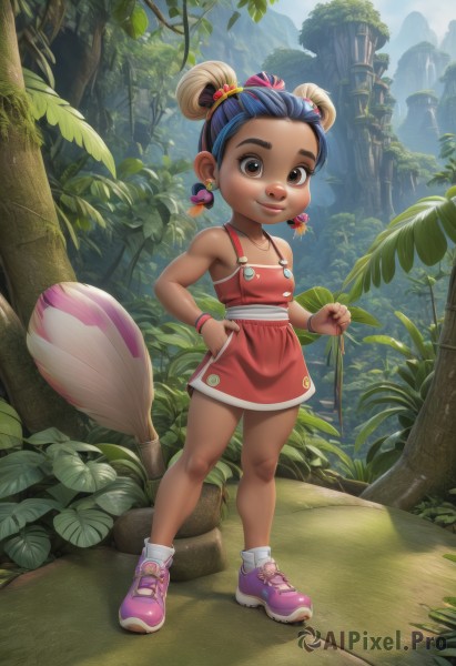 1girl,solo,looking at viewer,smile,short hair,black hair,hair ornament,dress,holding,bare shoulders,brown eyes,jewelry,closed mouth,blue hair,standing,collarbone,full body,multicolored hair,earrings,outdoors,shoes,day,socks,dark skin,hair bun,bracelet,dark-skinned female,tree,lips,double bun,leaf,short dress,thick eyebrows,plant,sneakers,child,nature,forest,pink footwear,female child,necklace,hand on hip,red dress,white socks,wristband,paintbrush,purple footwear