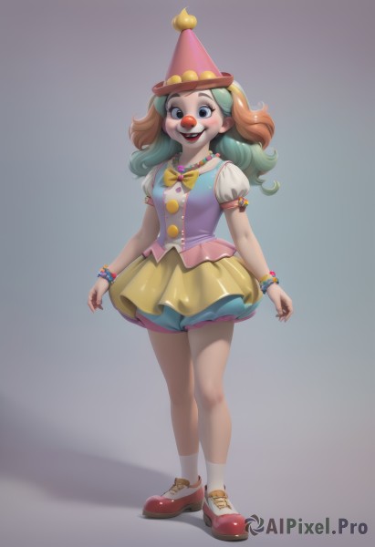 1girl,solo,long hair,breasts,looking at viewer,blush,smile,open mouth,skirt,simple background,brown hair,shirt,hat,bow,brown eyes,jewelry,standing,full body,white shirt,short sleeves,:d,multicolored hair,small breasts,green hair,shoes,teeth,socks,puffy sleeves,grey background,necklace,black eyes,vest,bracelet,two-tone hair,puffy short sleeves,gradient,gradient background,aqua hair,gradient hair,white socks,red footwear,sneakers,beads,bloomers,pink headwear,yellow skirt,multicolored shirt,clown,blue hair,shorts,bowtie,makeup,lipstick,yellow bow,yellow bowtie,bead bracelet