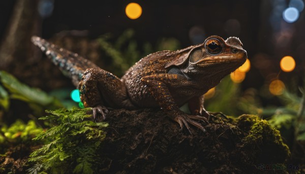 outdoors,blurry,tree,no humans,night,depth of field,blurry background,bird,animal,moon,nature,realistic,animal focus,moss,oversized animal,turtle,dinosaur,solo,lying,from side,sunlight,claws,lens flare,forest,scales,bokeh