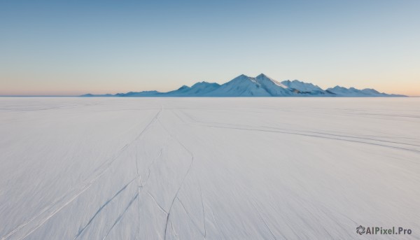 outdoors,sky,day,blue sky,no humans,scenery,mountain,horizon,landscape,mountainous horizon,gradient sky,sunrise,monochrome,nature,sunset,sun