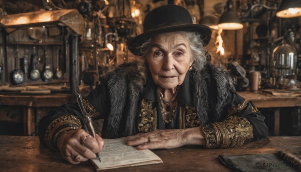 solo,looking at viewer,smile,long sleeves,1boy,hat,holding,jewelry,sitting,closed mouth,upper body,white hair,grey hair,male focus,earrings,indoors,necklace,blurry,black eyes,bracelet,cup,coat,book,fur trim,black headwear,facial hair,table,bottle,black coat,paper,realistic,pen,lamp,old,old man,bar (place),writing,quill,counter,old woman,wrinkled skin,inkwell,1girl,grey eyes,ring,beard,multiple rings