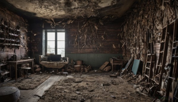 day,indoors,no humans,window,chair,table,sunlight,box,scenery,ruins,broken,weapon,sword,chain,bottle,plant,curtains,desk,candle,wall,shelf,candlestand,wood