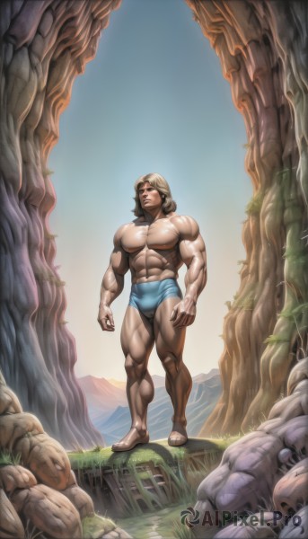 solo,blue eyes,blonde hair,1boy,navel,underwear,nipples,standing,full body,male focus,thighs,outdoors,sky,day,artist name,tree,muscular,thick thighs,abs,sandals,grass,pectorals,muscular male,nature,bara,large pectorals,bulge,topless male,rock,mountain,realistic,manly,male underwear,male swimwear,biceps,statue,cliff,swim briefs,thick arms,brown hair,closed mouth,collarbone,barefoot,signature,blue sky,looking up,briefs