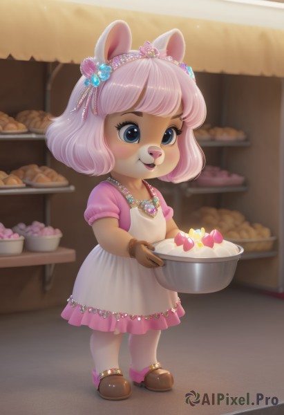 1girl,solo,blush,smile,short hair,open mouth,bangs,blue eyes,hair ornament,gloves,dress,bow,holding,animal ears,jewelry,standing,full body,pink hair,short sleeves,hairband,food,shoes,socks,puffy sleeves,artist name,indoors,necklace,white dress,blurry,apron,puffy short sleeves,fruit,brown footwear,tiara,gem,child,pink dress,furry,brown gloves,cake,beads,bowl,furry female,female child,bear ears,cupcake,buck teeth,mixing bowl,pig ears,white hair,teeth,aged down,mary janes,basket