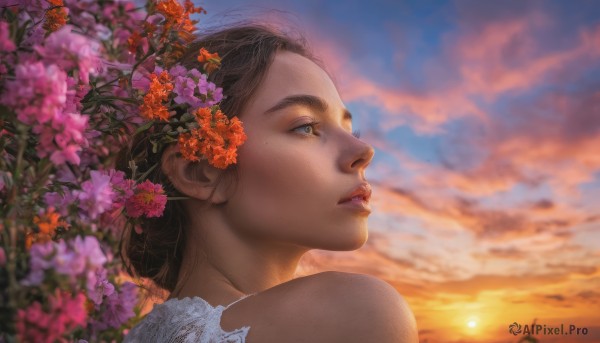 1girl, solo, short hair, brown hair, hair ornament, bare shoulders, flower, outdoors, parted lips, sky, cloud, hair flower, blurry, lips, profile, freckles, sunset, realistic, sun