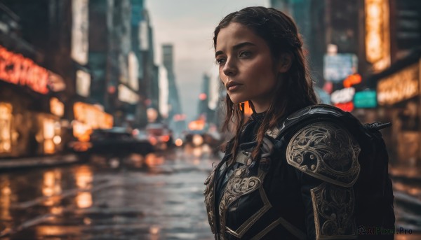 1girl,solo,long hair,looking at viewer,brown hair,black hair,brown eyes,upper body,braid,outdoors,dark skin,armor,blurry,dark-skinned female,lips,depth of field,blurry background,shoulder armor,building,pauldrons,breastplate,city,realistic,night,road,street