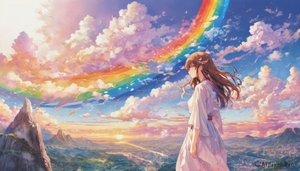 1girl,solo,long hair,smile,bangs,brown hair,hair ornament,long sleeves,dress,brown eyes,standing,braid,outdoors,sky,day,cloud,white dress,from side,blue sky,dutch angle,profile,bird,cloudy sky,scenery,sunset,mountain,rainbow,landscape,mountainous horizon,ribbon,closed mouth,closed eyes,hair ribbon,belt,robe