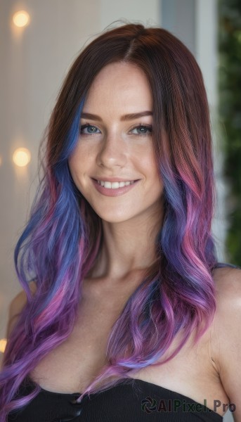 1girl,solo,long hair,breasts,looking at viewer,smile,blue eyes,brown hair,cleavage,bare shoulders,medium breasts,upper body,pink hair,purple hair,multicolored hair,teeth,grin,blurry,two-tone hair,lips,strapless,gradient hair,blurry background,freckles,realistic,nose,blue hair,collarbone,forehead