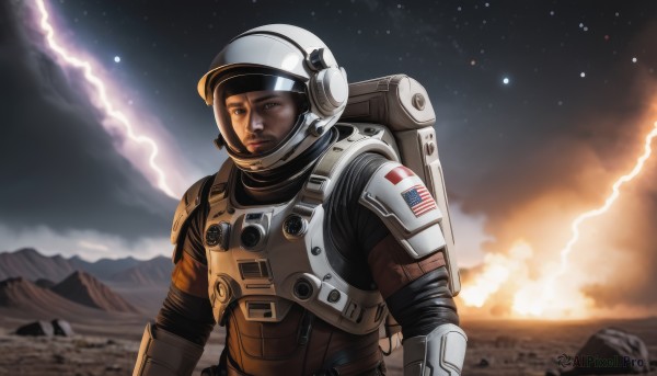 solo,brown hair,1boy,brown eyes,upper body,male focus,sky,cloud,bag,armor,night,facial hair,backpack,helmet,star (sky),starry sky,science fiction,mountain,realistic,power armor,american flag,spacesuit,outdoors,headset,rock,electricity,flag,space,lightning,japanese flag,united states,astronaut