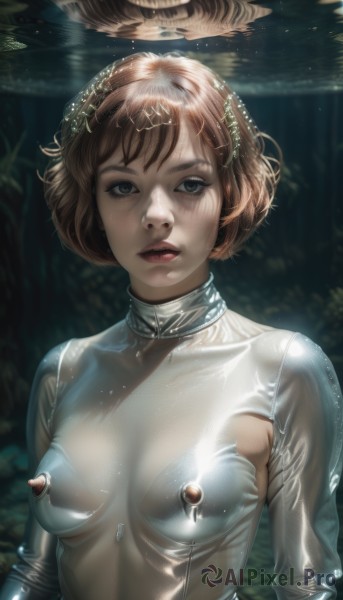 1girl,solo,breasts,looking at viewer,short hair,bangs,brown hair,hair ornament,brown eyes,medium breasts,nipples,upper body,water,covered nipples,lips,see-through,bodysuit,skin tight,realistic,nipple piercing,latex,parted lips,teeth,shiny,artist name,eyelashes,halo,piercing,breasts apart,freckles,shiny clothes,nose