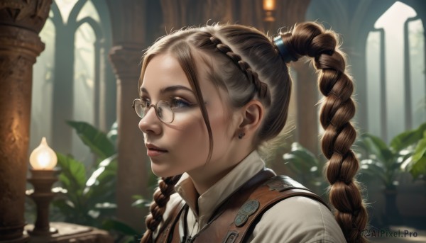 1girl,solo,long hair,blue eyes,brown hair,shirt,twintails,jewelry,white shirt,upper body,braid,earrings,parted lips,glasses,collared shirt,blurry,vest,twin braids,from side,lips,eyelashes,single braid,blurry background,plant,portrait,freckles,realistic,nose,hair tie,round eyewear,stud earrings,rimless eyewear,hair pulled back,pillar,arch,multiple braids,closed mouth,ponytail,artist name,indoors,necklace,mole,depth of field,looking away,sunlight,backlighting,column