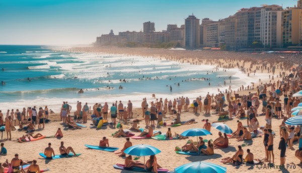 multiple girls,sitting,outdoors,multiple boys,sky,day,cloud,water,bird,ocean,6+girls,umbrella,beach,building,scenery,walking,6+boys,innertube,dog,city,sand,flag,cityscape,beach umbrella,crowd,beach chair,people,6+others,long hair,short hair,skirt,black hair,hat,standing,swimsuit,weapon,bikini,lying,food,shorts,barefoot,pants,bag,blue sky,one-piece swimsuit,fruit,watermark,sandals,crossover,towel,armband,ball,topless male,horizon,beachball,parasol,watercraft,watermelon,male swimwear,skyscraper,boat,shore,swim trunks,seagull,beach towel,skyline,sand sculpture,sand castle