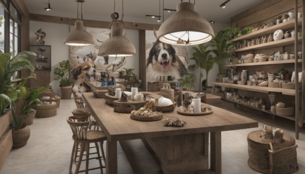 food,tongue,indoors,tongue out,cup,no humans,window,animal,chair,table,bottle,plant,scenery,plate,bowl,dog,wooden floor,spoon,basket,potted plant,lamp,bread,stool,egg,shelf,jar,counter,ceiling light,loaded interior,box,ceiling,bar stool