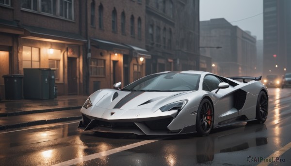 A motor vehicle framed by the beauty of a calm rainy outdoors