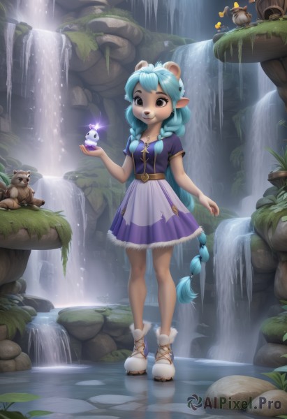 1girl,solo,long hair,breasts,smile,open mouth,skirt,shirt,dress,animal ears,brown eyes,very long hair,blue hair,standing,full body,braid,short sleeves,small breasts,boots,outdoors,shoes,teeth,pointy ears,belt,water,black eyes,twin braids,fur trim,looking down,white footwear,nature,purple dress,magic,mushroom,waterfall,jewelry,collarbone,flower,artist name,signature,necklace,tree,aqua hair,animal,leaf,grass,plant,extra ears,forest,rock,ankle boots,raccoon ears,bear,brown fur,squirrel,deer ears,pond,stream,acorn