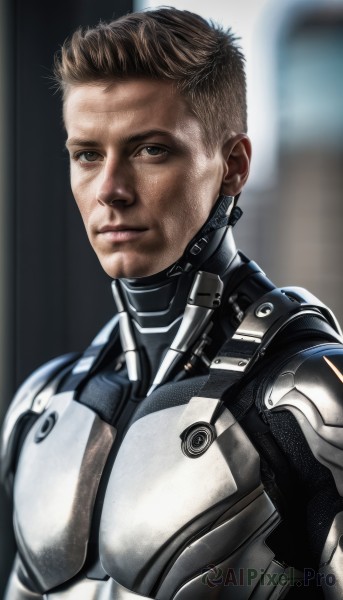 solo,looking at viewer,short hair,brown hair,1boy,brown eyes,closed mouth,upper body,male focus,armor,blurry,lips,bodysuit,blurry background,science fiction,realistic,cyborg,power armor